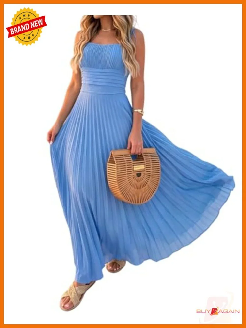 CHICME Women's Pleated Maxi Dress Square Neck Backless Summer Casual